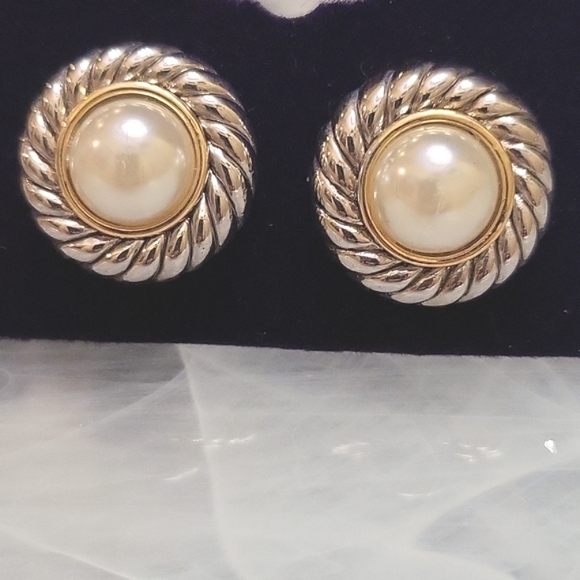 Pearl Cable Earrings Two-Tone Cable Silver Rhodium Gold Plated - Picture 2 of 8